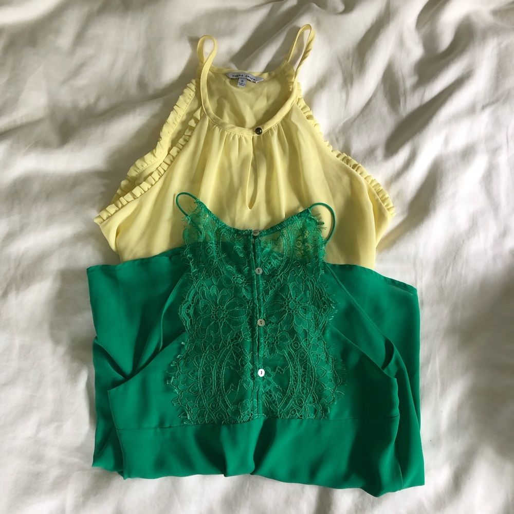 Set of 2 Tank Top Blouses Green & Yellow